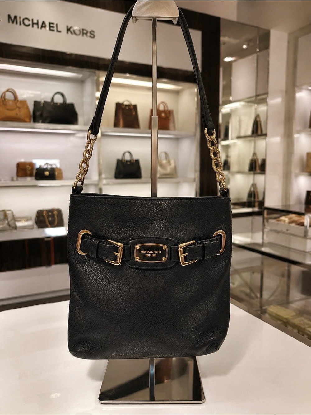 Michael Kors Pebbled Leather Buckle Crossbody Bag Black Gold